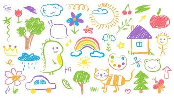 Hand drawn set of colorful children's doodles in crayon style. Animals, trees, rainbow, house, sun, flowers and other cute elements. Collection of kids drawings, sketches with chalk texture. vector