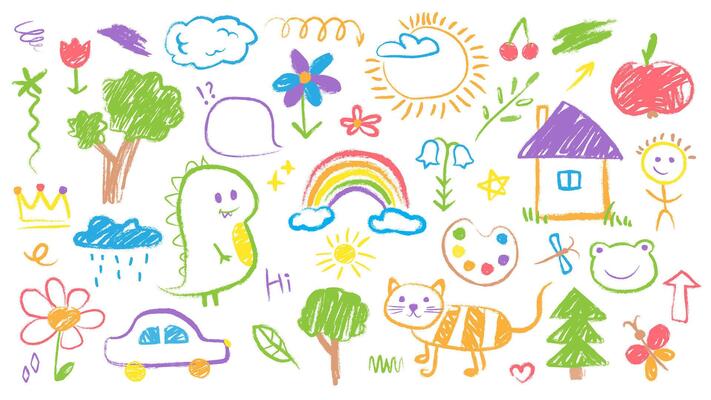 Hand drawn set of colorful children's doodles in crayon style. Animals, trees, rainbow, house, sun, flowers and other cute elements. Collection of kids drawings, sketches with chalk texture.