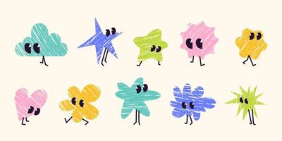 Set of funny cartoon abstract characters with textured fill, big eyes, walking legs. Playful colorful minimalist cute childish creatures in various blob, cloud, and star shapes. Decoration elements. vector
