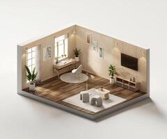 Isometric view living room cozy muji style open inside interior architecture 3d rendering photo