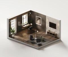Isometric living room cozy style open inside interior architecture 3d rendering photo