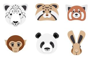 Stylized animal faces. snow leopard, raccoon, red panda, monkey, panda, and rabbit vector