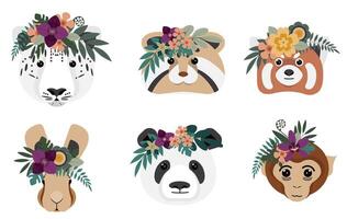Cute animals with floral crowns vector