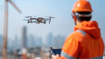 A man in an orange hard hat is holding a tablet and looking at a drone photo