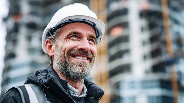 A smiling man in a hard hat and jacket standing in front of a building photo