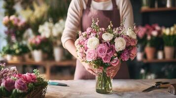 A woman is holding a vase of pink and white flowers photo