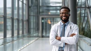 A black man in a lab coat standing in a hallway photo