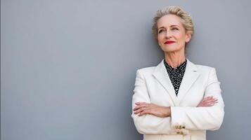 A woman in a white suit and polka dot shirt photo
