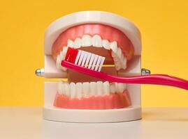 Model of human jaws with teeth with red toothbrush placed between upper and lower teeth on bright yellow background photo