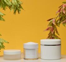 Three white cosmetic jars without labels stand on a white background. Branches with green and reddish-pink seeds hang from above photo
