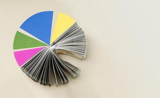 US dollar Pie Chart representing Smart portfolio allocation between cash and assets, diversified financial strategy. table top view photo