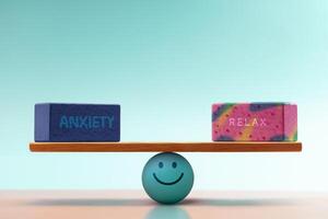 Anxiety and Relax cube balancing on seesaw, centered by Smiling Ball. symbolizing Mental Health and Emotional self regulation through balancing positive and negative emotions photo