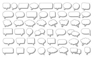 Set of hand drawn speech thought bubbles sketch style crosshatch scribble shading chalkboard doodle theme. comic, educational materials, marketing graphics, creative communication visuals. vector