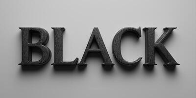Bold 3D letters spelling BLACK , made of matte leather and graphite textures, isolated on smooth light gray background, photo