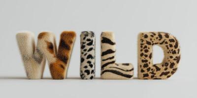 Voluminous WILD text filled with textures of natural animal fur leopard, zebra, pure snow-white background photo