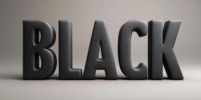 Bold 3D letters spelling BLACK , made of matte leather and graphite textures, deep shadows, isolated on smooth light gray background, photo