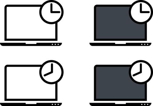 cuatro diferente tipos de laptops con reloj y tiempo. en línea hora icono. red velocidad prueba icono, aislado en blanco antecedentes. ilustración vector