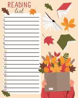 Reading list with autumn leaves and books vector
