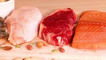 Variety of meats and nuts displayed on wood video