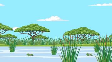 Animated scene of African savanna with moving reeds and acacia trees, featuring vibrant colors and smooth transitions video