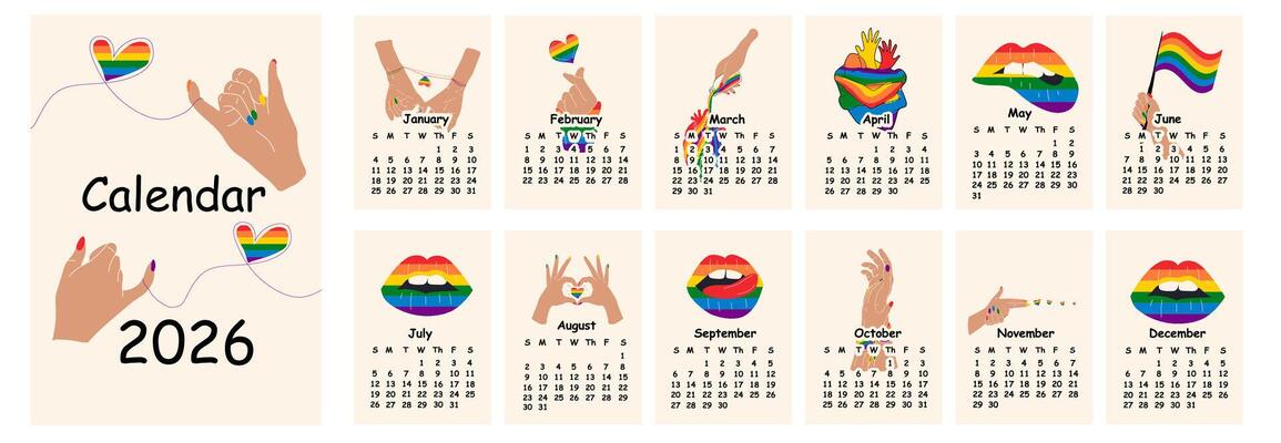 2026 calendar design with lgbt symbol. Hand drawn calendar planner annual organizer.