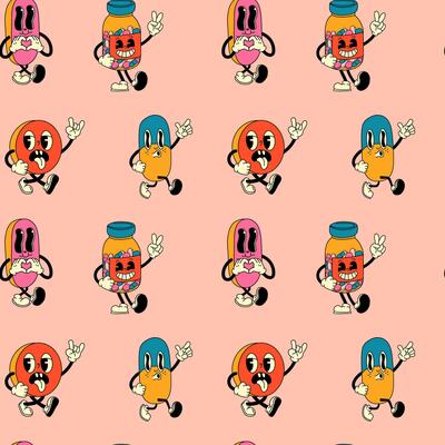 Seamless pattern with Psychedelic Retro Pill Cartoon Characters