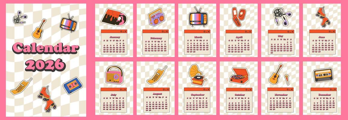 2026 calendar in minimal planner style decorated with colorful retro sticker illustrations used as an annual organizer with nostalgic vintage elements