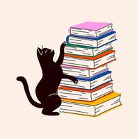 A curious cat climbing a tall stack of books, playful and energetic with a cozy, homey atmosphere vector