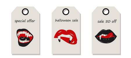Discount Price Tags with glamorous set of vampire lips featuring blood red color and sharp fangs, offering a bold and dramatic look vector
