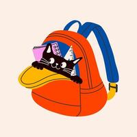 Cute cat sitting inside a school backpack with playful expression symbolizing back to school and student life vector