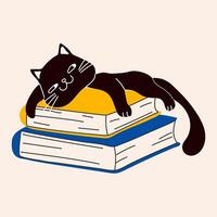 Cute Black Cat Sleeping on Stack of Books vector
