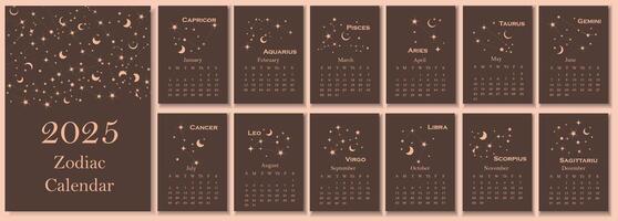 2026 calendar set with 12 monthly pages featuring zodiac constellation designs for each astrological sign in a celestial and mystical style vector