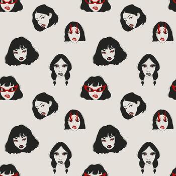 Seamless pattern with Set of Vampire Girl Featuring Sharp Fangs and Red Eyes vector
