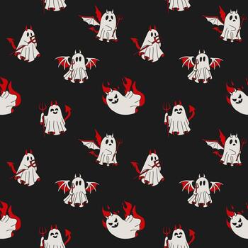 Seamless pattern with Set of Halloween Devil Ghosts with Trident and Fun Design vector