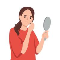 Woman examining skin in mirror vector