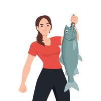 Woman Proudly Holding a Big Catch. vector