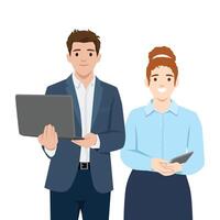 Business team with laptop and phone vector