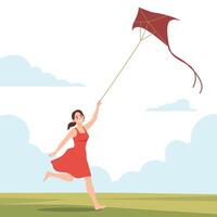 Woman Flying a Kite in the Open Field. vector