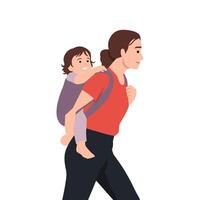 Mother Carrying Smiling Child on Her Back. vector