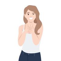heerful woman in a casual outfit points playfully at the viewer while winking. vector