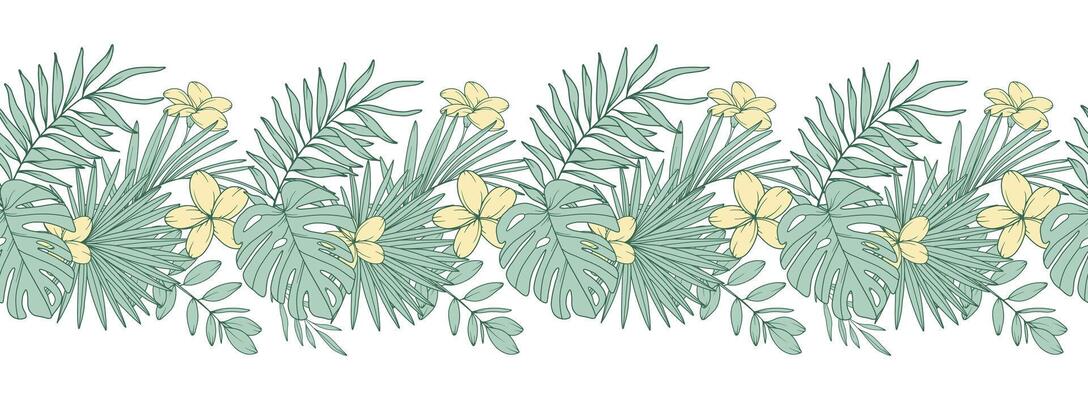 Seamless Floral Grland with Tropical Plants and Flowers. Seamless Horizontal Floral Background. Line Art Drawing. Minimalist Flower Design. Flower garland seamless. Border Frame