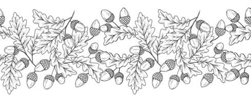 Fall Border with Leaves, Acorns and Flowers. Seamless Horizontal Fall Background. Autumn Line Art Drawing. Fall Flower Design. Fall Botanical garland seamless. Border Frame vector