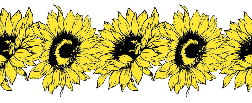 Seamless Sunflower Garland. Seamless Horizontal Sunflower Background. Sunflower Line Art Drawing. Seamless Flower Design. Botanical garland seamless. Border Frame