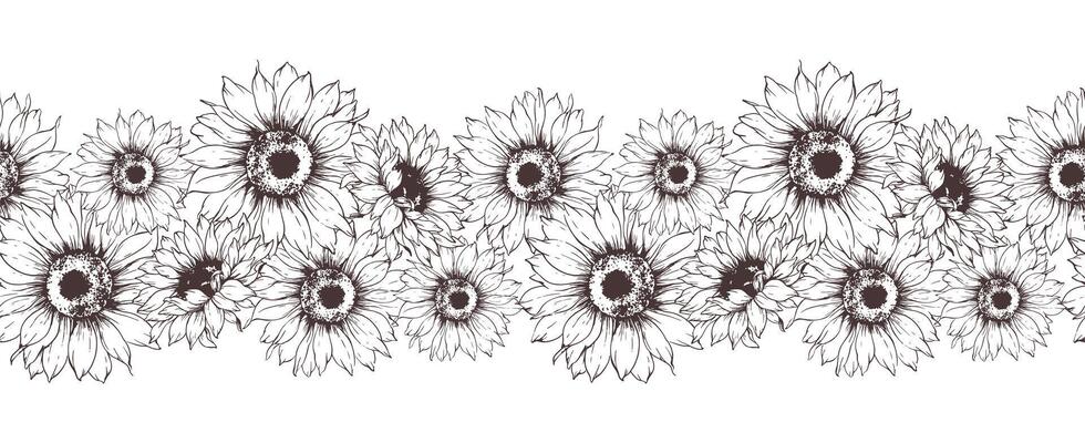 Seamless Sunflowers Garland. Seamless Horizontal Sunflowers Background. Sunflower Line Art Drawing. Seamless Flower Design. Botanical garland seamless. Border Frame
