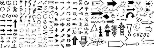 Freehand Arrow Icons Collection. Curved, Zigzag, Swirly, Straight, and Looped Arrows in Fun Sketch Style for Visual Content and Diagrams. vector