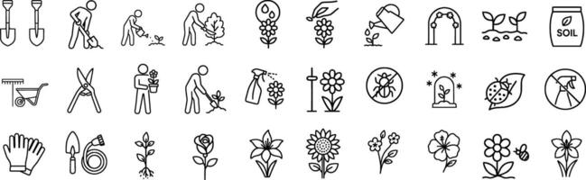 Icons of gardening tools and flowers vector