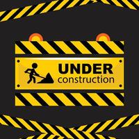 Website maintenance page with caution stripes, worker icon, and warning lights vector