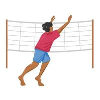 Beach volleyball player in action, black man hitting the ball over the net, summer sport, flat character vector