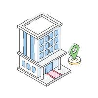 A premium isometric icon showing hotel location pin vector