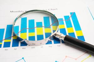 Magnifying glass on data business graphs photo